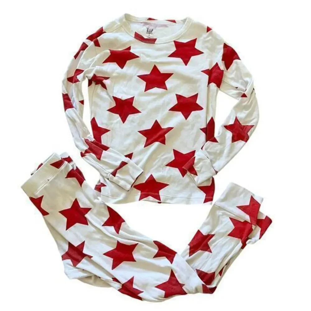Gap Kids Red Star Two-Piece White Cotton Unisex Pajamas Youth Size 10